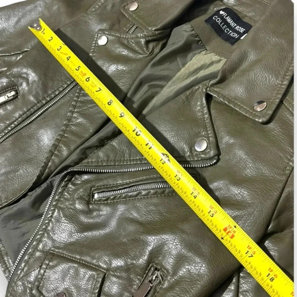 Flamant Rose Olive Green Cropped Silver Hardware Details Faux Leather Jacket - Picture 14 of 16